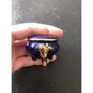 Vintage Three Footed Porcelain Trinket Box Crown West Navy Blue Metallic Gold